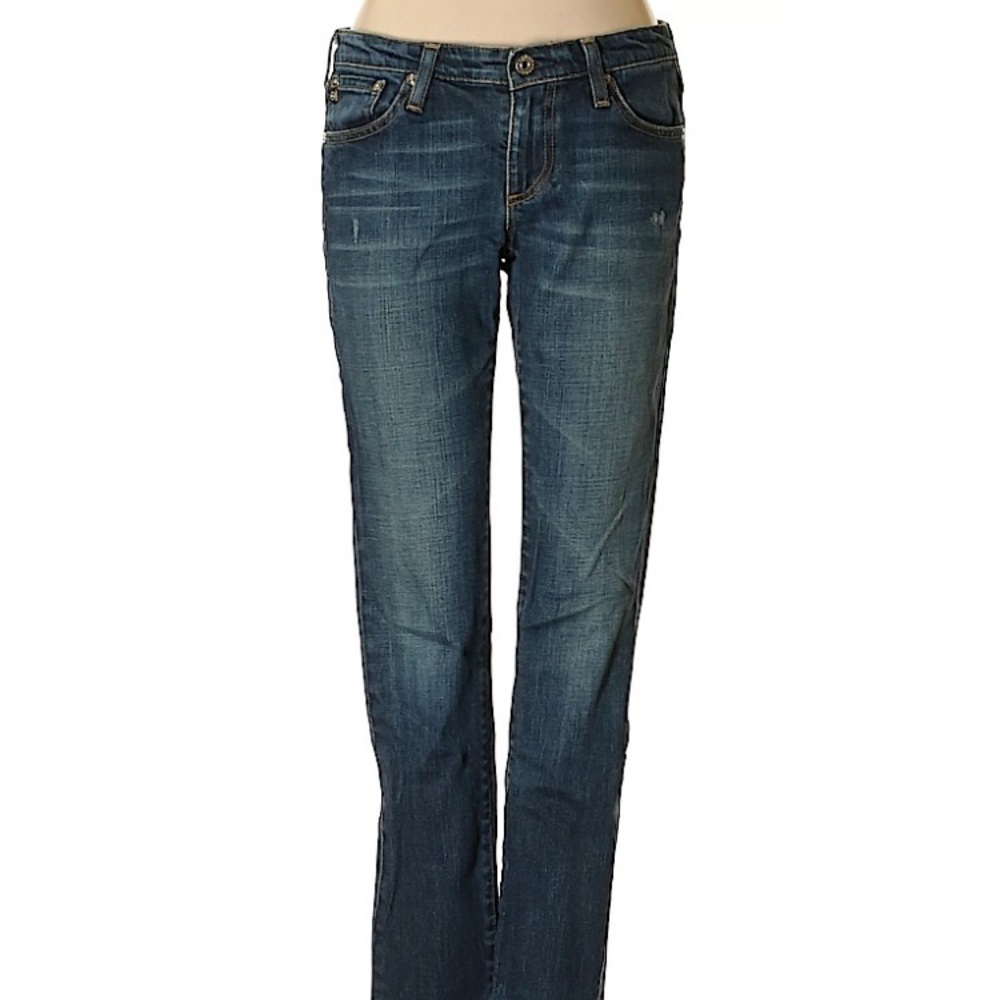 AG straight leg, dark washed jeans.